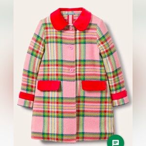 Boden Dressy Colorful Wool Coat Plaid Peacoat Pink Blanket Check Size 8/9